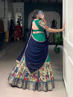 Women’s Green Printed Lehenga Choli Set with Red Dupatta