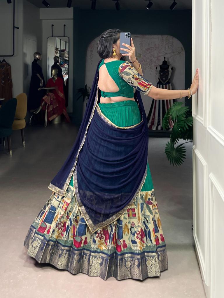 Women’s Green Printed Lehenga Choli Set with Red Dupatta