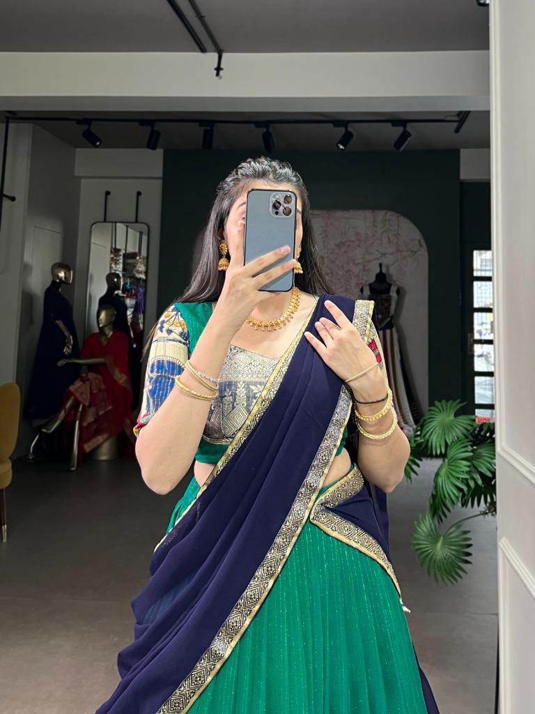 Women’s Green Printed Lehenga Choli Set with Red Dupatta