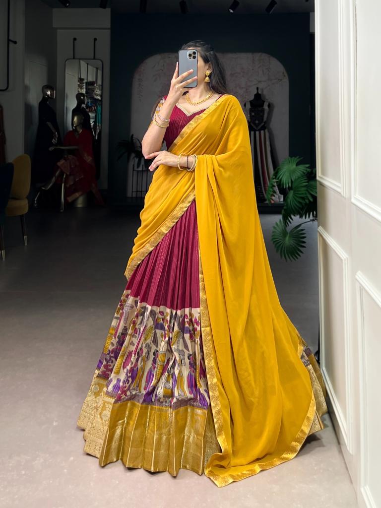 Women’s Red Printed Lehenga Choli Set with Red Dupatta