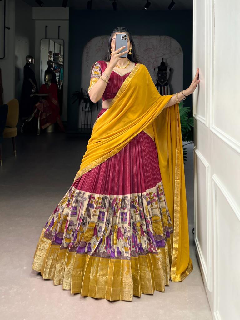 Women’s Red Printed Lehenga Choli Set with Red Dupatta