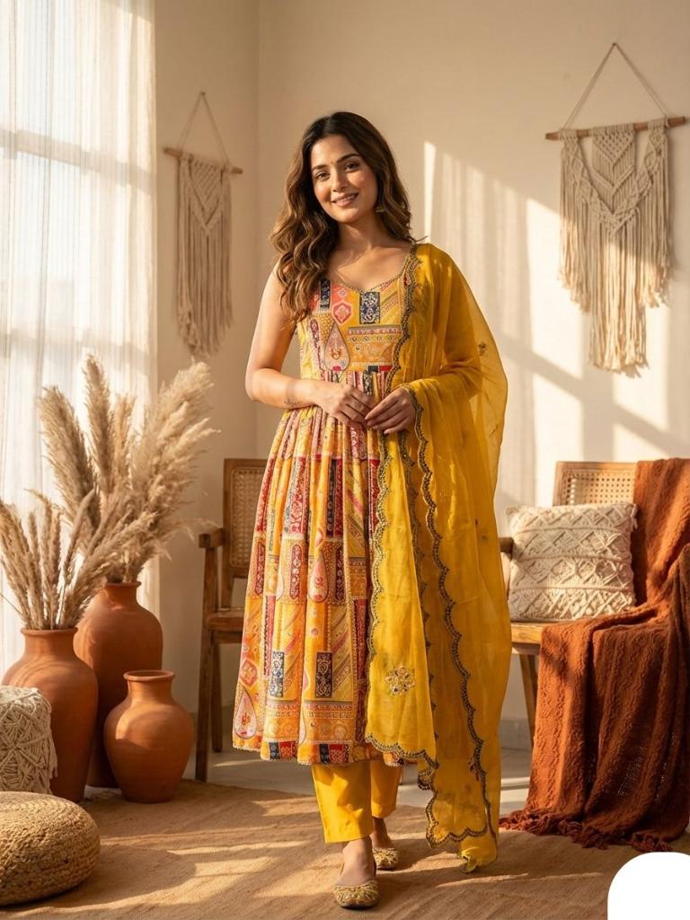 Women’s Mustard Yellow Printed Anarkali Kurta Set with Pants & Dupatta