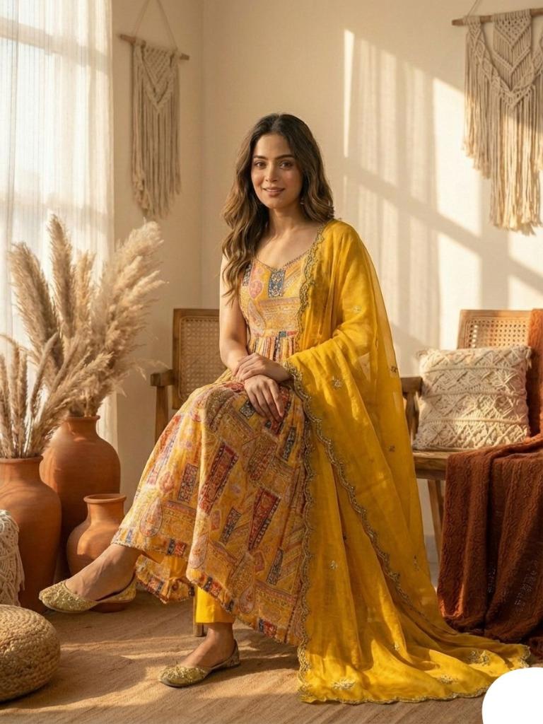 Women’s Mustard Yellow Printed Anarkali Kurta Set with Pants & Dupatta