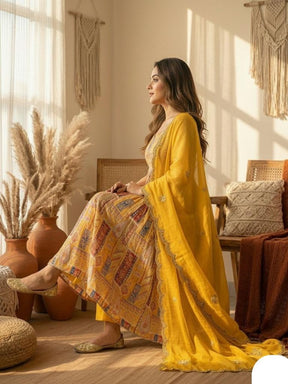 Women’s Mustard Yellow Printed Anarkali Kurta Set with Pants & Dupatta