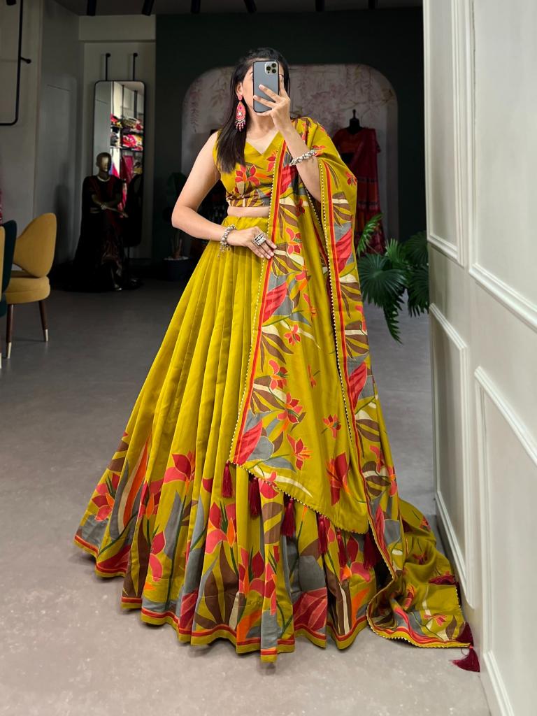 Women’s Mustard Yellow Printed Lehenga Choli Set with Dupatta