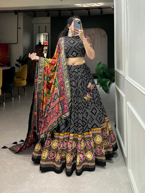 Women’s Black Printed Lehenga Choli Set with Dupatta