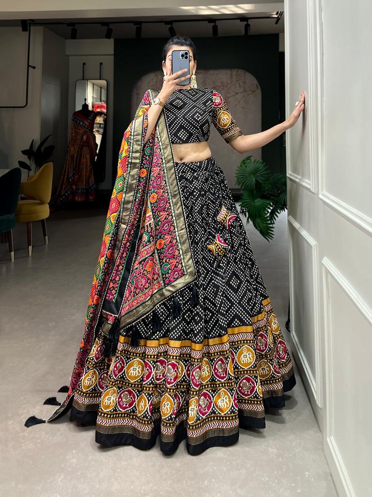Women’s Black Printed Lehenga Choli Set with Dupatta