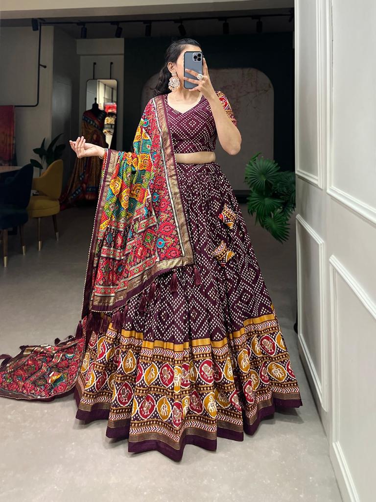 Women’s Maroon Printed Lehenga Choli Set with Dupatta 