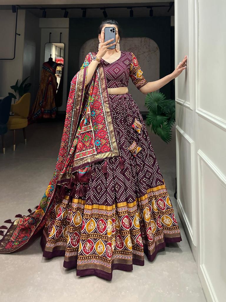 Women’s Maroon Printed Lehenga Choli Set with Dupatta