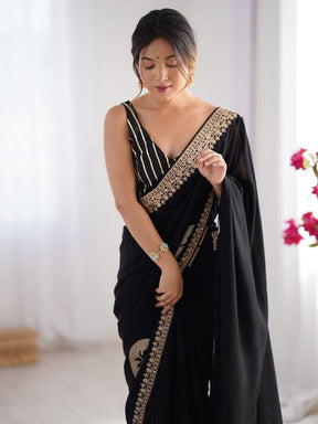 Women Black Saree with Gold Embroidered Border