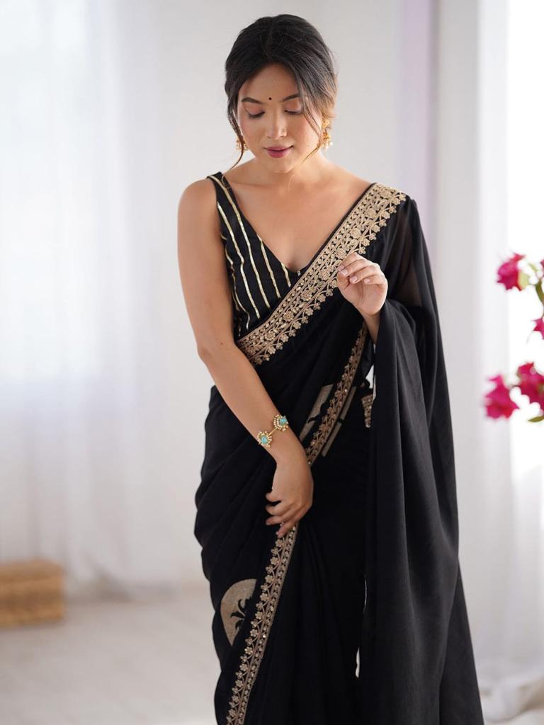 Women Black Saree with Gold Embroidered Border