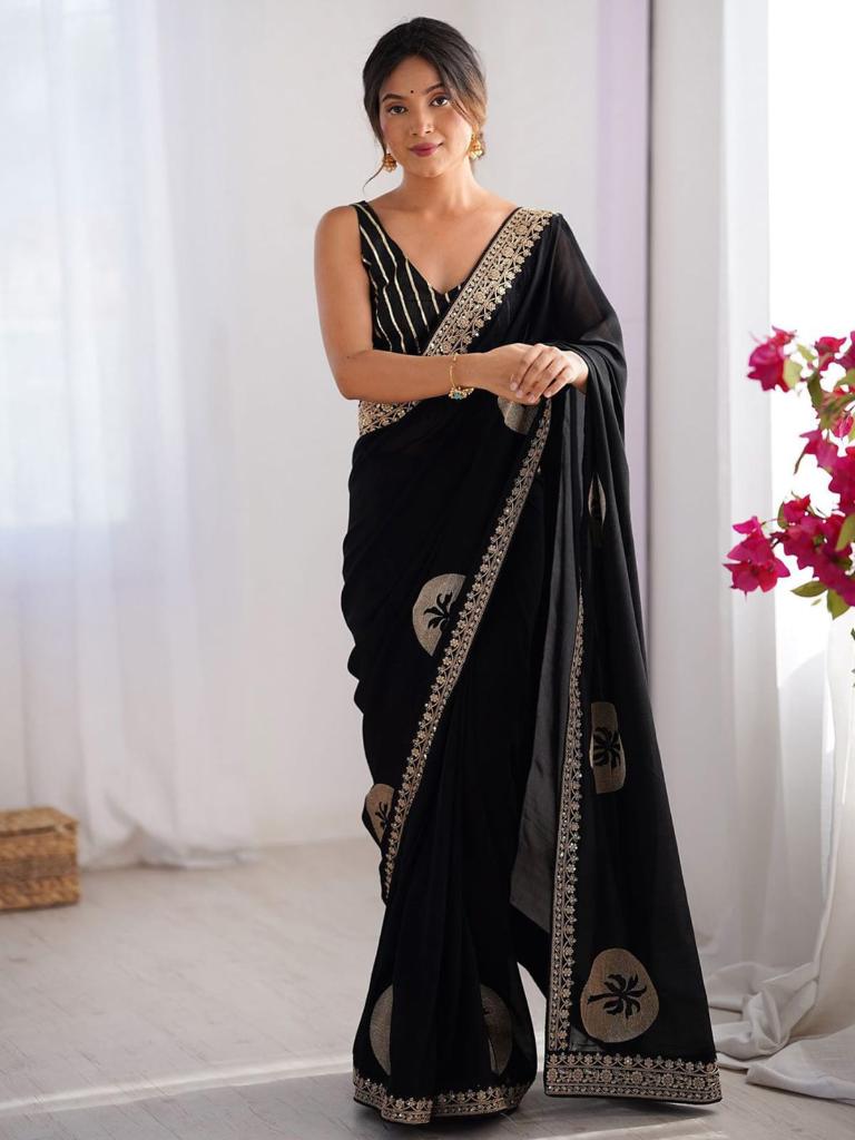 Women Black Saree with Gold Embroidered Border