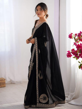 Women Black Saree with Gold Embroidered Border