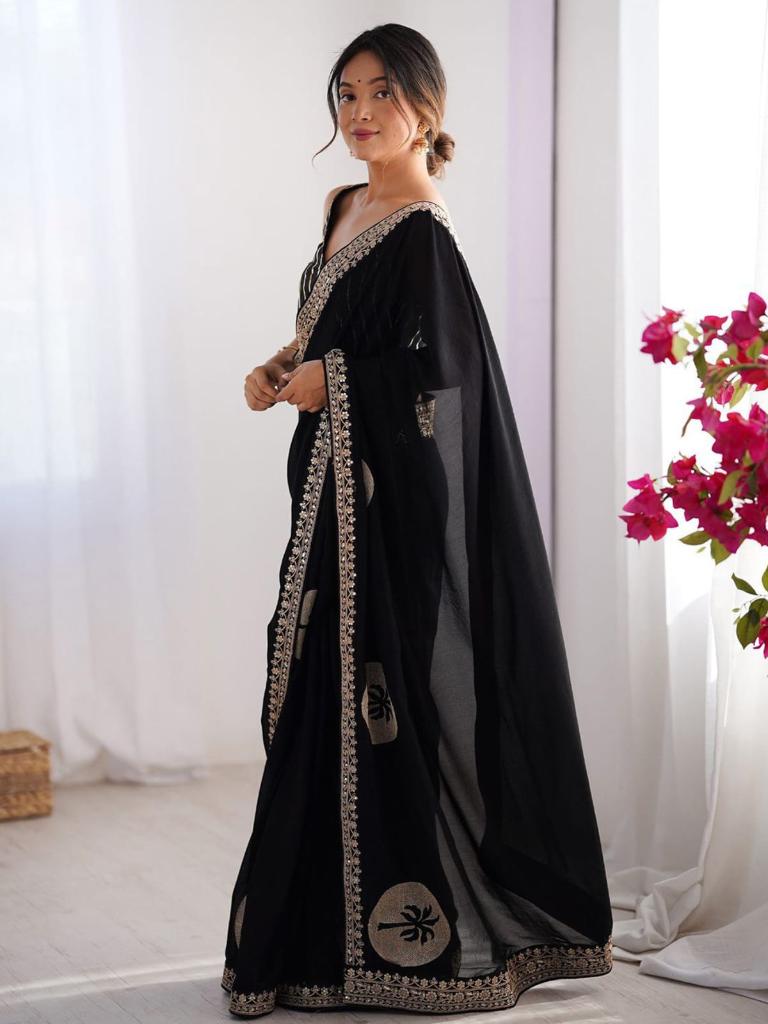 Women Black Saree with Gold Embroidered Border