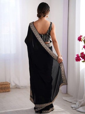 Women Black Saree with Gold Embroidered Border
