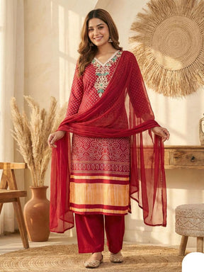 Women’s Red Embroidered Kurta Set with Pants & Dupatta