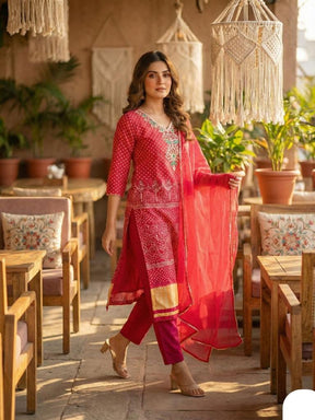 Women’s Red Embroidered Kurta Set with Pants & Dupatta