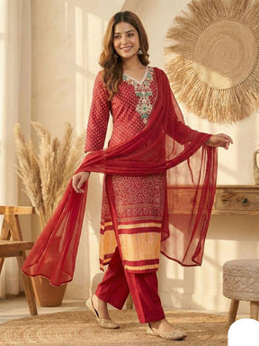Women’s Red Embroidered Kurta Set with Pants & Dupatta