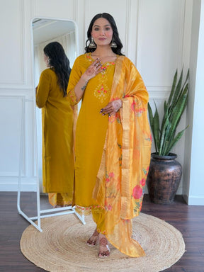 Women Mustard Yellow Embroidered Kurta Pant Set with Floral Dupatta