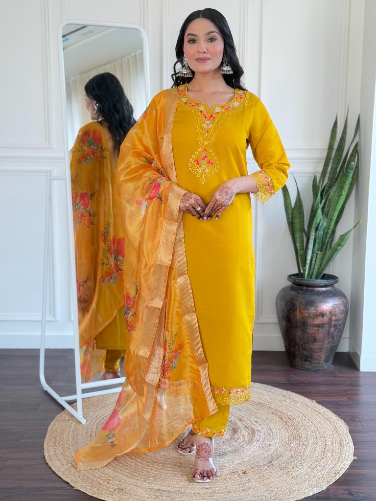 Women Mustard Yellow Embroidered Kurta Pant Set with Floral Dupatta