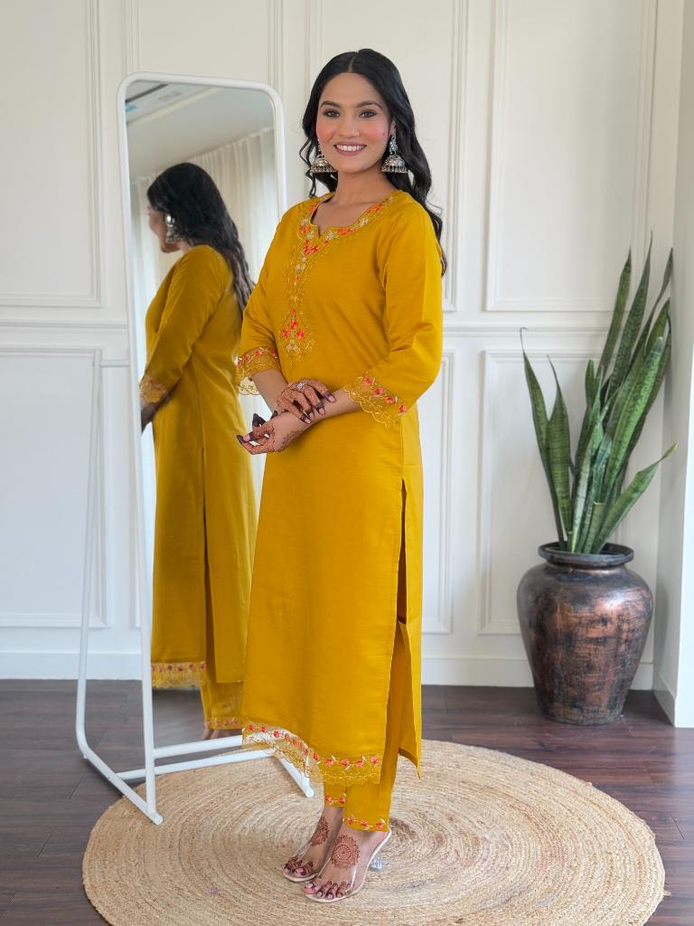 Women Mustard Yellow Embroidered Kurta Pant Set with Floral Dupatta