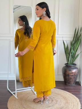 Women Mustard Yellow Embroidered Kurta Pant Set with Floral Dupatta