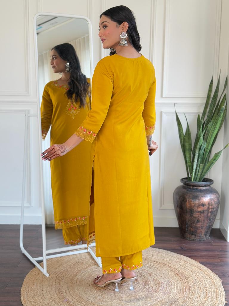 Women Mustard Yellow Embroidered Kurta Pant Set with Floral Dupatta