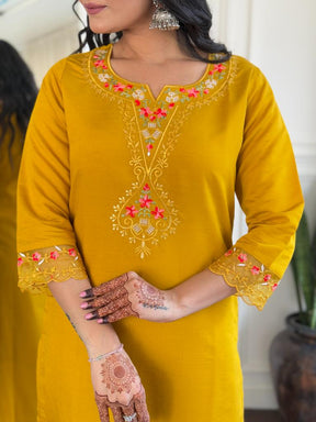Women Mustard Yellow Embroidered Kurta Pant Set with Floral Dupatta