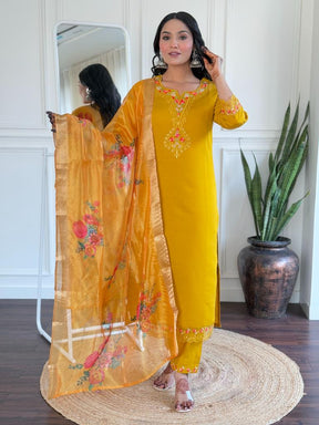 Women Mustard Yellow Embroidered Kurta Pant Set with Floral Dupatta