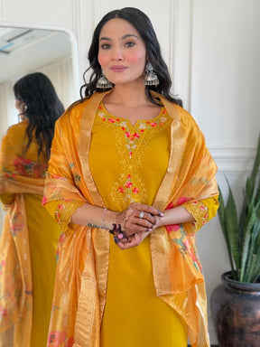 Women Mustard Yellow Embroidered Kurta Pant Set with Floral Dupatta