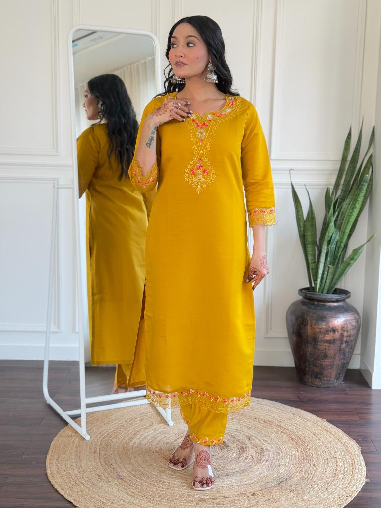 Women Mustard Yellow Embroidered Kurta Pant Set with Floral Dupatta