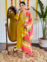 Women Mustard Embroidered Kurta Pant Set with Striped Dupatta