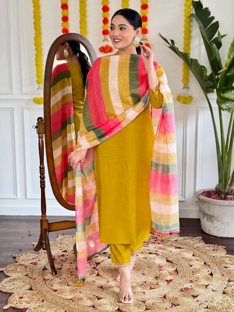 Women Mustard Embroidered Kurta Pant Set with Striped Dupatta