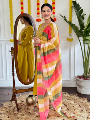 Women Mustard Embroidered Kurta Pant Set with Striped Dupatta