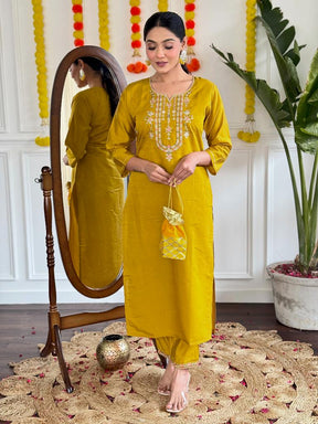 Women Mustard Embroidered Kurta Pant Set with Striped Dupatta