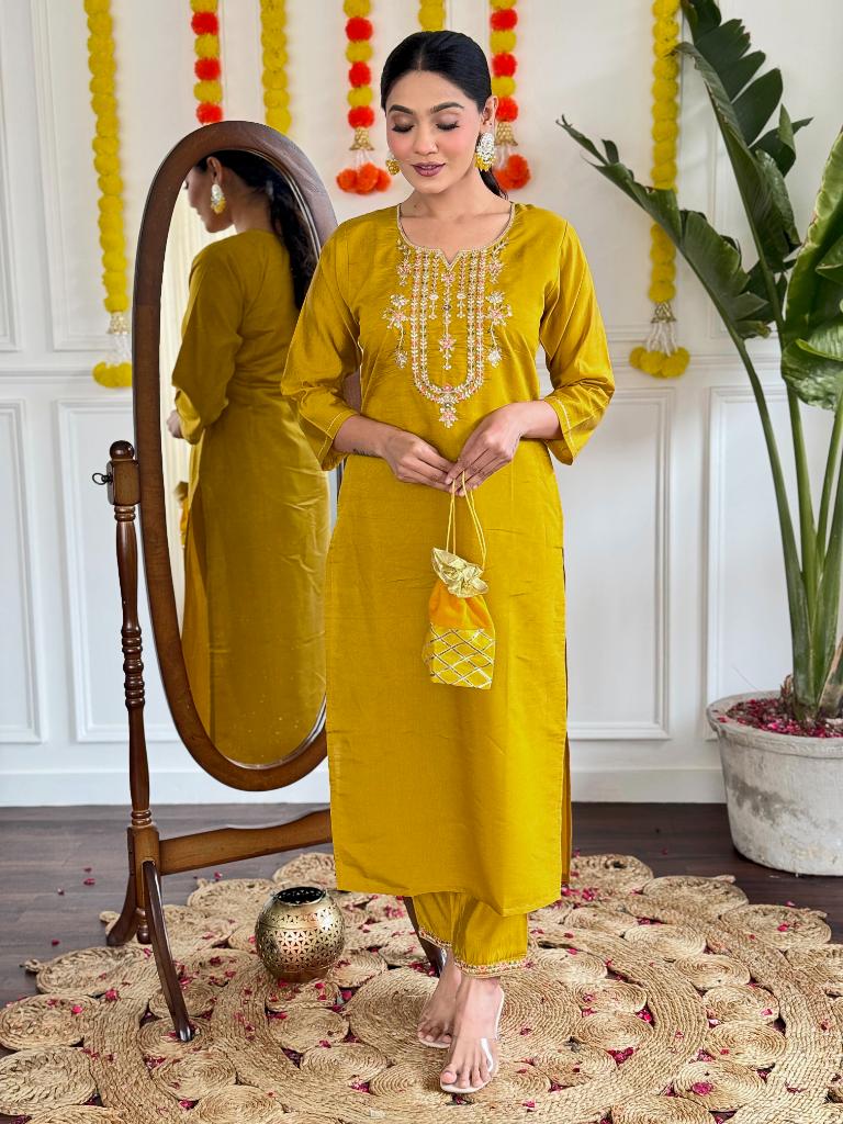 Women Mustard Embroidered Kurta Pant Set with Striped Dupatta