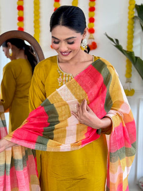 Women Mustard Embroidered Kurta Pant Set with Striped Dupatta
