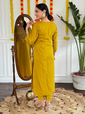 Women Mustard Embroidered Kurta Pant Set with Striped Dupatta