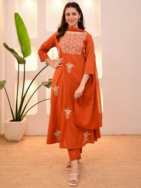 Women Orange Embroidered Kurta Set with Dupatta
