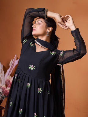 Women Black Embroidered Anarkali Kurta Set with Dupatta