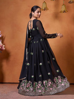 Women Black Embroidered Anarkali Kurta Set with Dupatta
