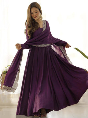 Women Wine Embroidered Anarkali Gown with Dupatta