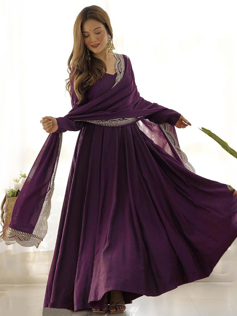 Women Wine Embroidered Anarkali Gown with Dupatta