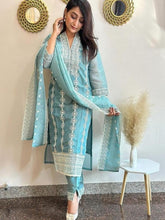 Women Teal Embroidered Kurta Set with Dupatta