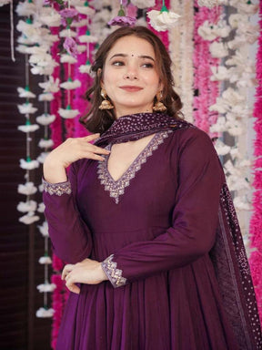 Women Wine Anarkali Kurta Palazzo Set with Printed Dupatta