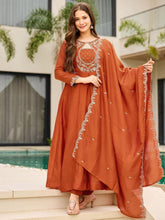 Women Rust Orange Embroidered Anarkali Kurta Set