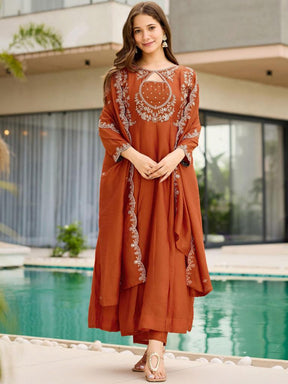 Women Rust Orange Embroidered Anarkali Kurta Set