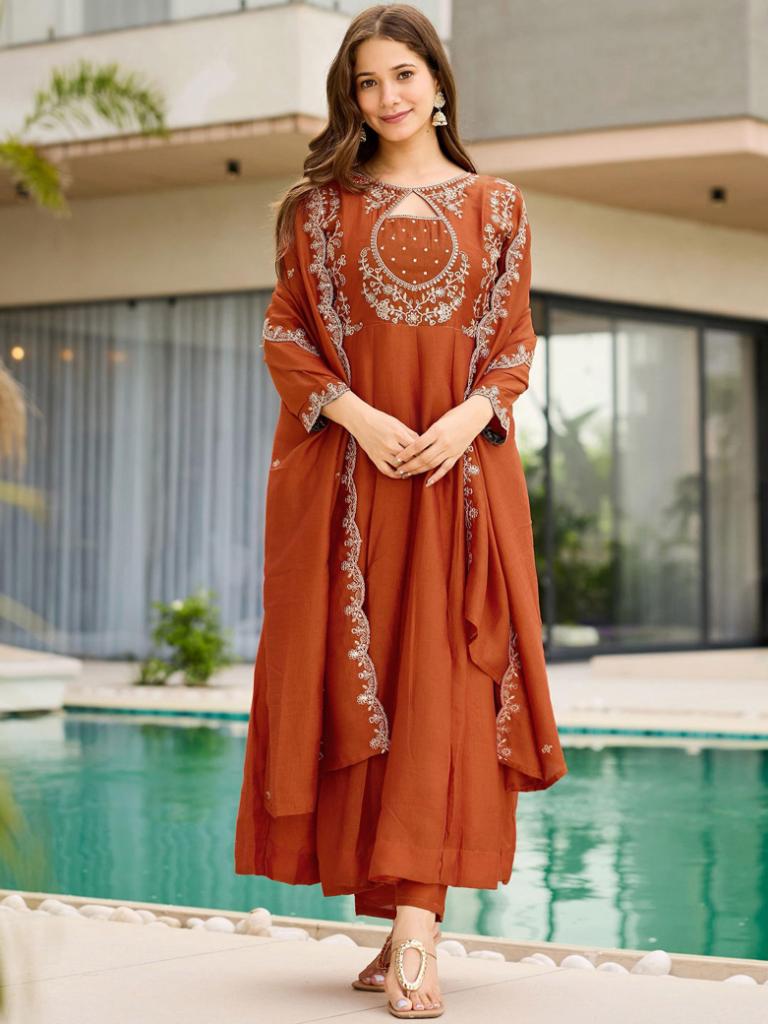 Women Rust Orange Embroidered Anarkali Kurta Set