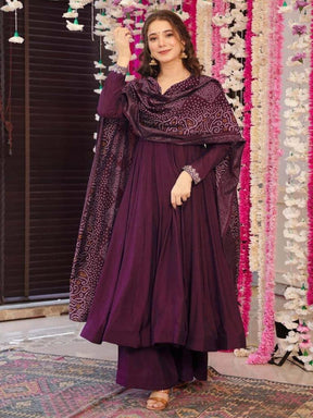 Women Wine Anarkali Kurta Palazzo Set with Printed Dupatta