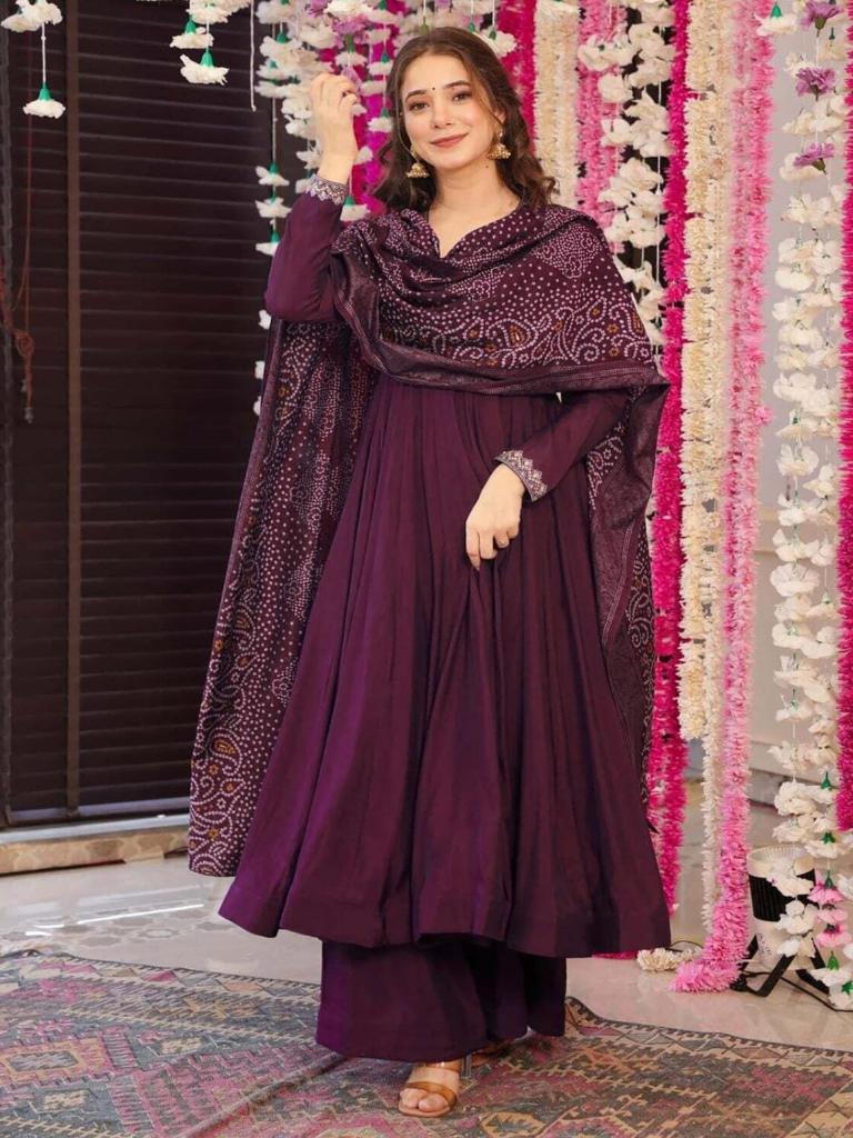 Women Wine Anarkali Kurta Palazzo Set with Printed Dupatta